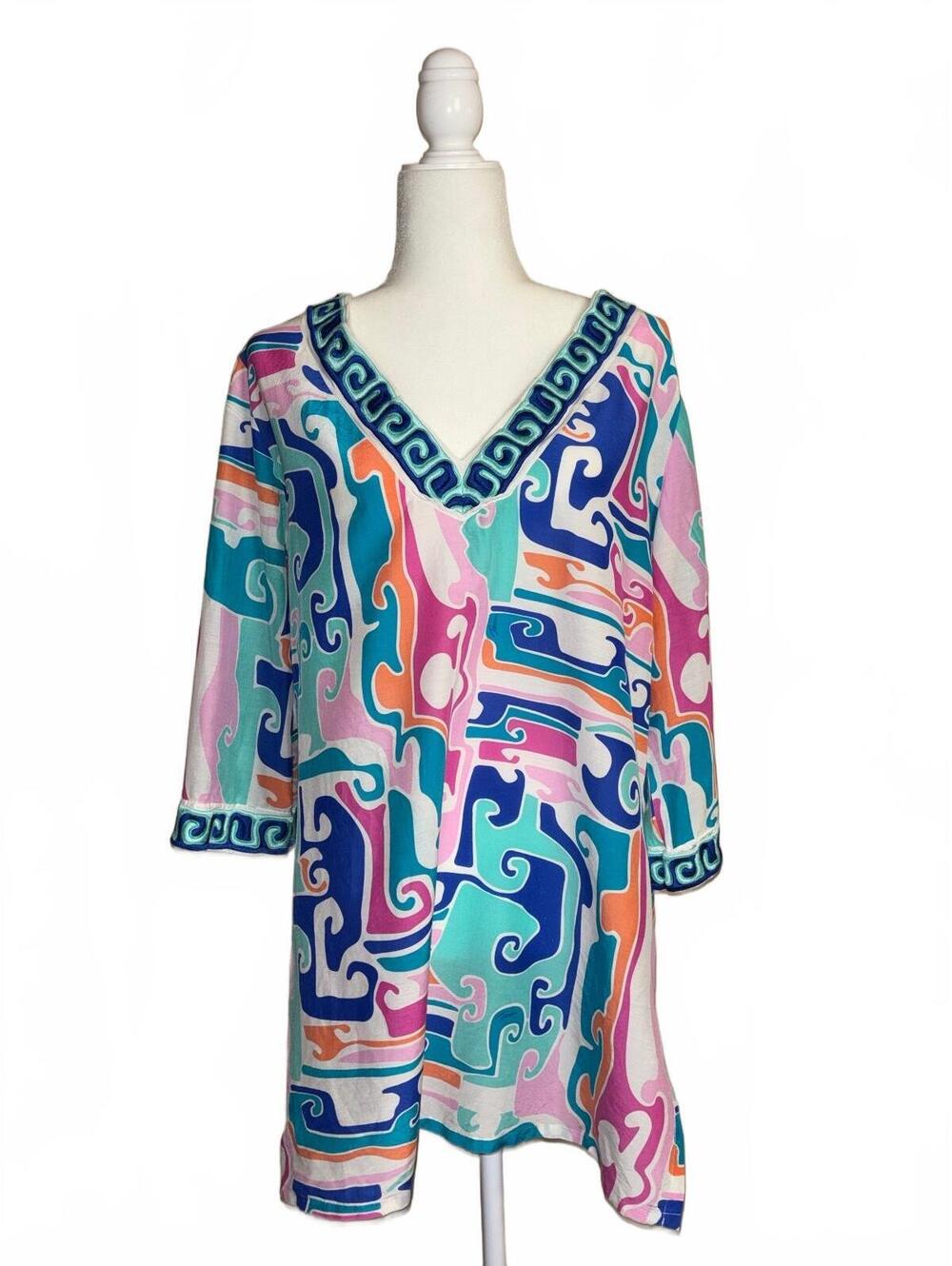 Trina Turk V-neck tunic psychedelic mod geometric print shift dress
